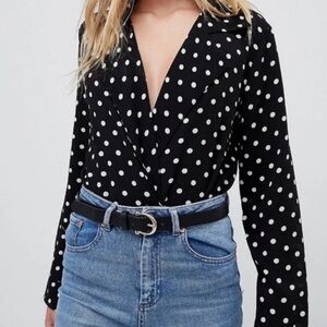 Black Polka Dot Long Sleeve V-Neck Blouse